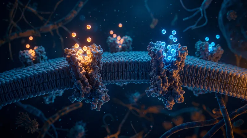 A microscopic visualization of cellular receptors interacting with glowing molecules.