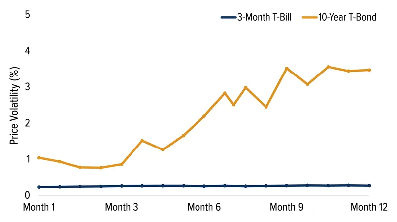 While 10-year bonds carry zero default risk, their longer maturity exposes them to significant price volatility when interest rates change.