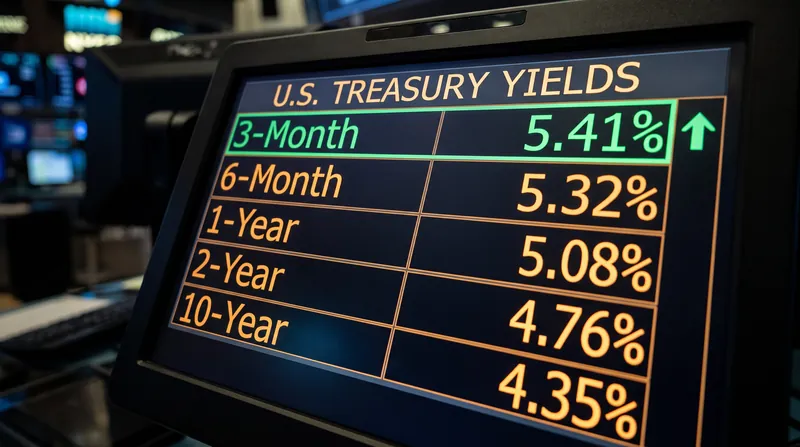 A close-up view of a digital financial terminal screen displaying U.S. Treasury bill yields.