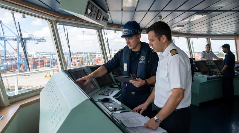 A port state control officer in high-visibility gear inspecting documents on the bridge of a cargo ship.
