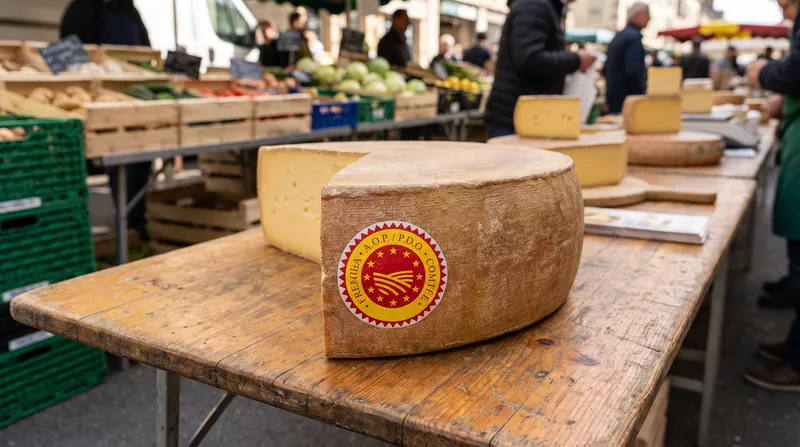 A close-up of a traditional European hard cheese bearing the red and yellow Protected Designation of Origin seal on a wooden market table.