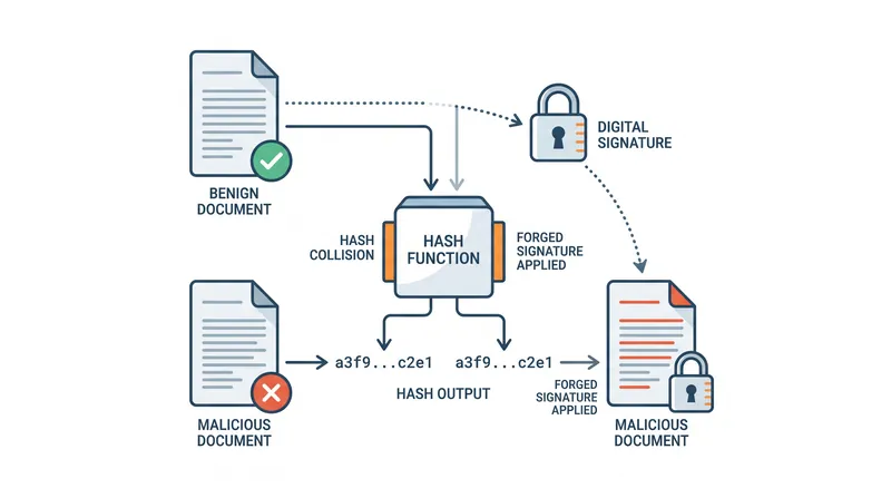 If an attacker finds a collision between a benign and malicious document, a valid digital signature can be seamlessly transferred to the forged file.