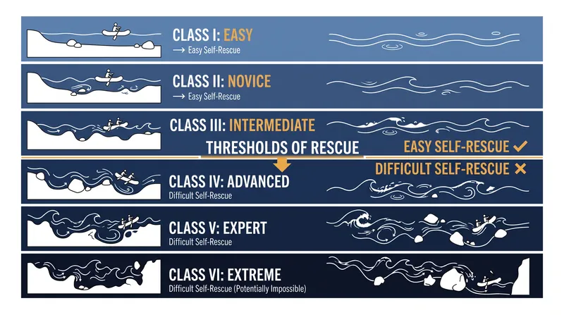 The six tiers of river difficulty, highlighting the critical shift in rescue viability at Class IV.