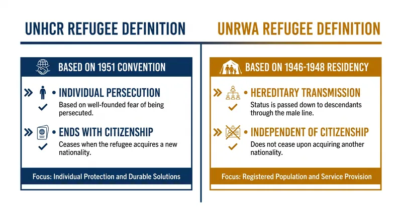 The structural differences between the global UNHCR mandate and the regional UNRWA mandate.