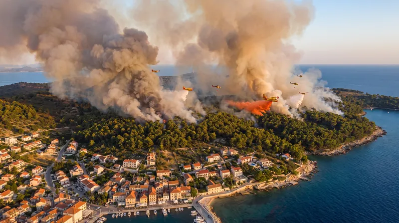 Thick smoke plumes rise from a dense pine forest on a Mediterranean island near a coastal town.