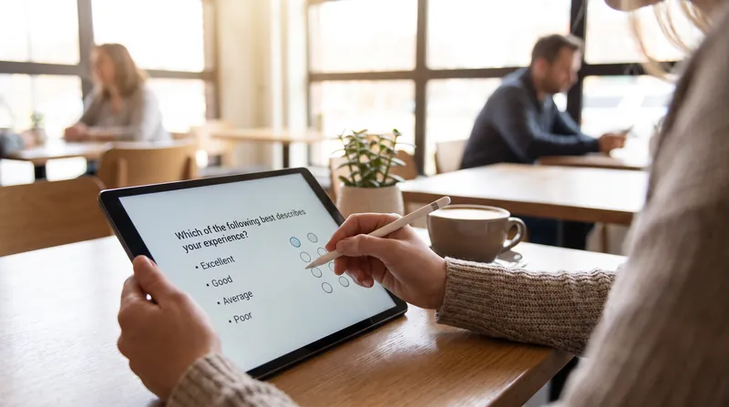 A person's hands holding a sleek digital tablet, filling out a multiple-choice survey questionnaire in a brightly lit room.