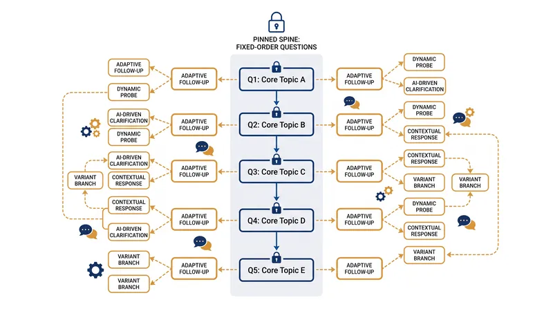 Pinning the order of comparison-critical questions preserves data integrity while allowing AI to adapt follow-ups.