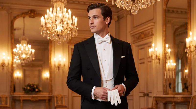 A man in a black evening tailcoat, white marcella waistcoat, and white bow tie in a formal setting.