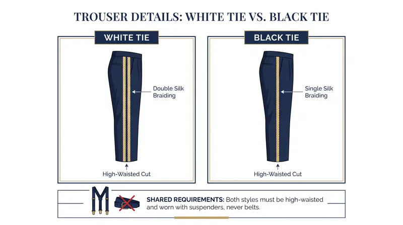 White tie trousers are distinguished by two parallel stripes of silk braiding down the side seam.