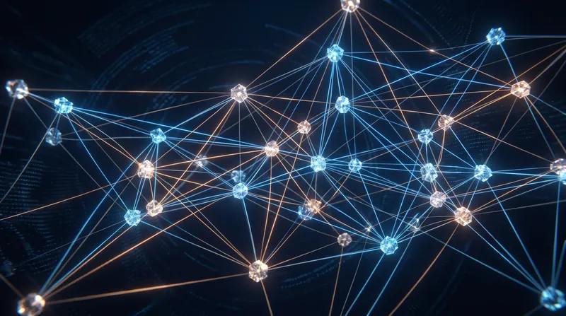 Abstract visualization of glowing network nodes connected by intersecting lines against a dark background.