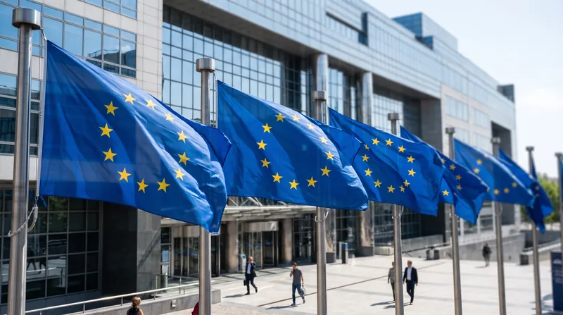 European Union flags flying in front of a modern institutional building under a clear sky.