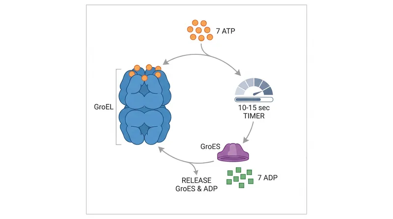 ATP hydrolysis serves as a molecular timer, dictating how long the protein remains encapsulated.