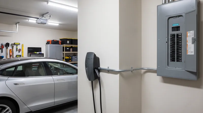 A modern Level 2 electric vehicle charger mounted on a garage wall with thick electrical conduit connecting it to a nearby breaker panel.