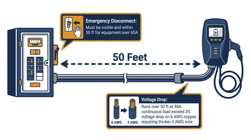 How the 50-foot distance threshold triggers hardware and wiring upgrades in EV charging installations.