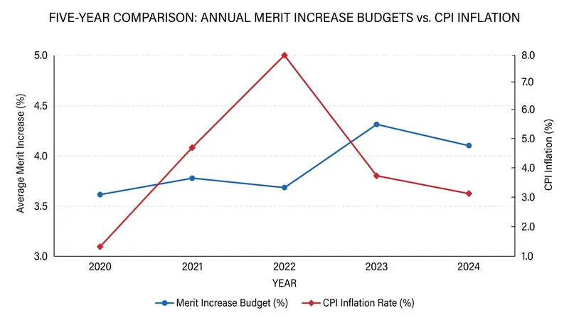 When adjusted for baseline inflation, the real wage growth margin of a standard 3.8% merit increase is often less than 1.5%.