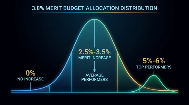 The standard distribution of a 3.8% merit budget clusters the vast majority of employees near the inflation baseline.