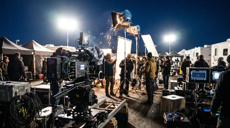 A film crew works on a brightly lit outdoor set at night, adjusting cameras and lighting equipment.