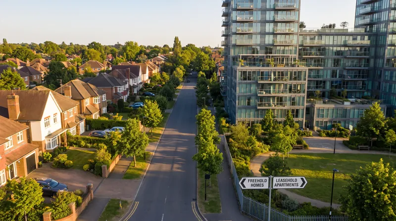 A split view showing a row of detached suburban houses next to a modern high-rise apartment building.
