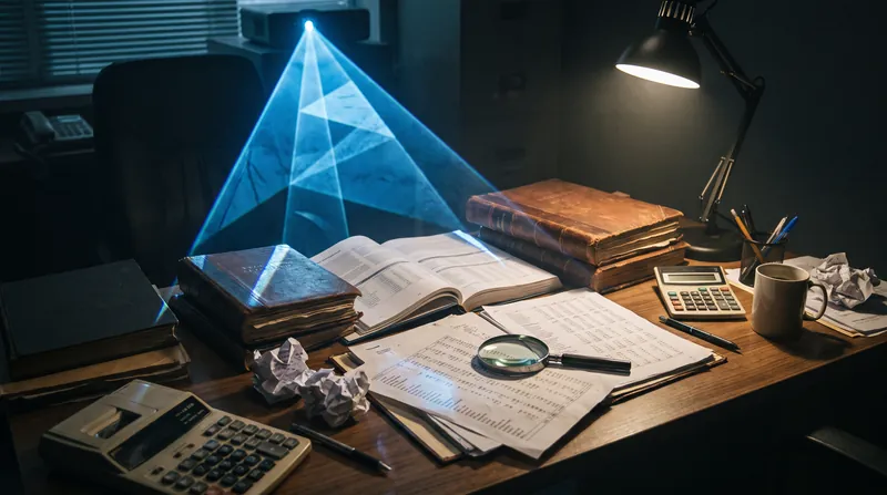 A conceptual image showing a glowing geometric triangle projected onto a stack of financial ledgers and audit reports in a dark room.