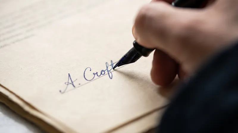 A close-up view of a person signing a formal legal document with a pen.
