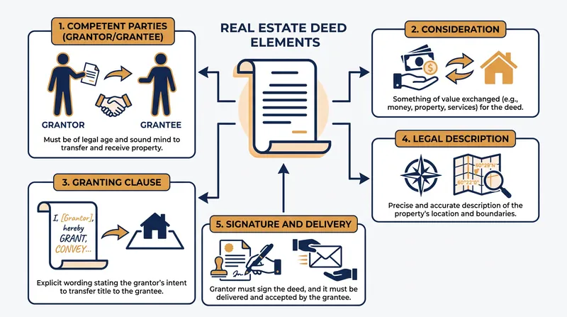The five universal components required to legally convey real estate.