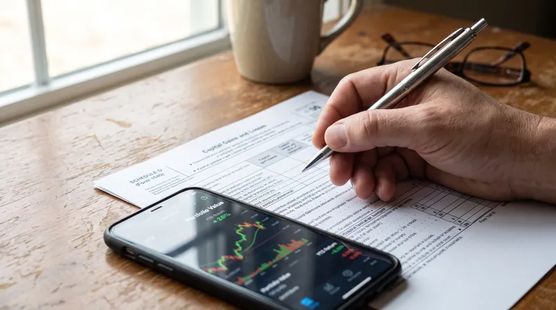 A person's hand holding a pen over a printed IRS Schedule D tax form next to a smartphone displaying a stock chart.