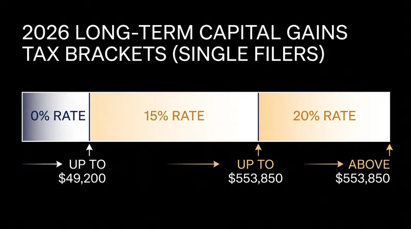 For 2026, single filers pay a 0%, 15%, or 20% federal rate on long-term capital gains depending on their taxable income.