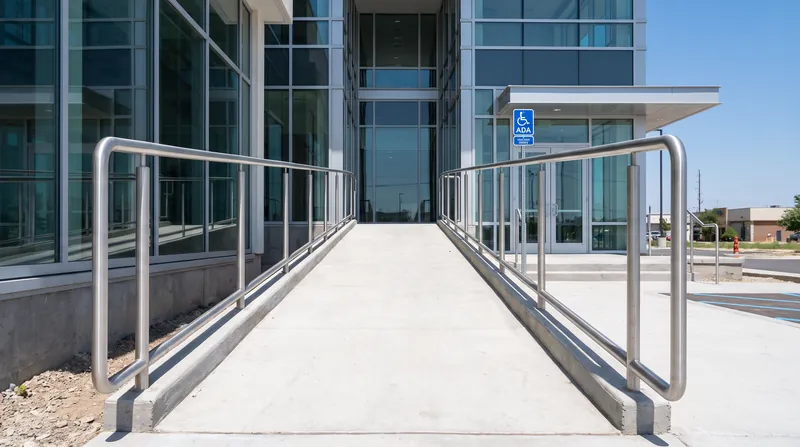 A modern concrete wheelchair ramp with metal handrails leading up to the entrance of a commercial building.