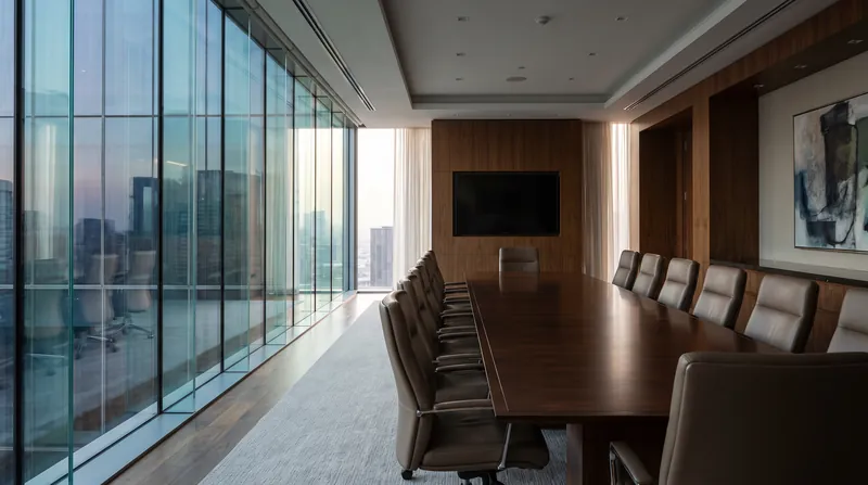 An empty, modern corporate boardroom with a polished mahogany table and leather chairs.