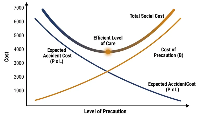 Economic efficiency is achieved at the exact point where the combined cost of accidents and prevention is minimized.