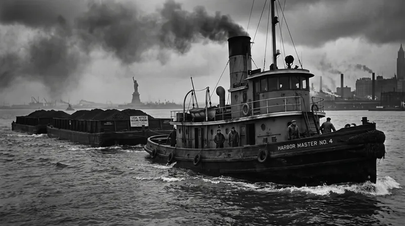 A black and white photograph of a 1940s tugboat navigating New York Harbor among industrial barges.