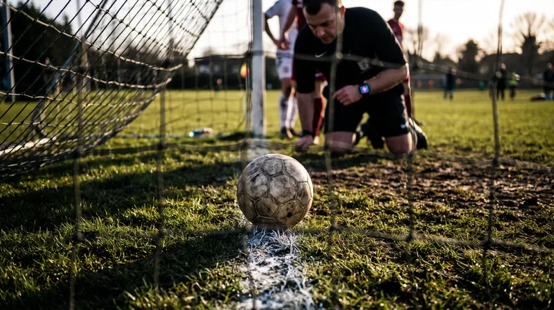 A close-up view of a soccer ball on a goal line with a referee checking a smartwatch in the background.