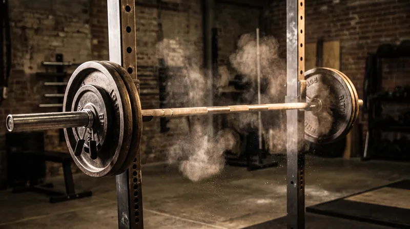 A heavily loaded barbell resting on a squat rack in a dimly lit gym.