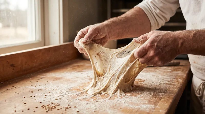 A baker's hands stretching a highly hydrated, elastic bread dough on a wooden workbench dusted with flour.