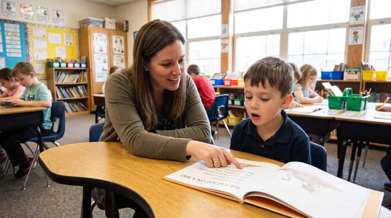 An elementary school teacher sits at a kidney-shaped table, pointing to a book while a student reads.
