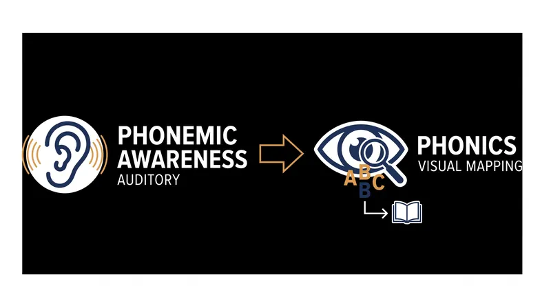 Phonemic awareness establishes the auditory foundation before phonics introduces visual letters.