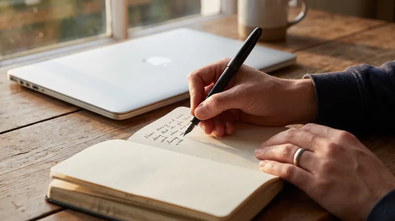 A person's hand writing in a notebook with a pen, next to a closed silver laptop on a wooden desk.