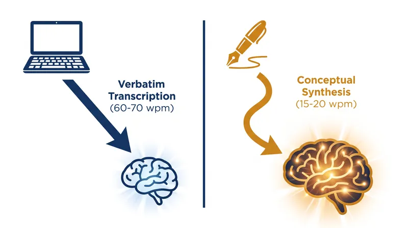 Typing allows for fast verbatim transcription, while longhand writing forces the brain to synthesize concepts.