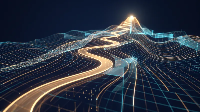 Abstract 3D rendering of a glowing path climbing a contoured topological map toward a peak.