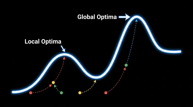 Because the algorithm only moves upward, random initializations are required to avoid getting trapped on a local peak.