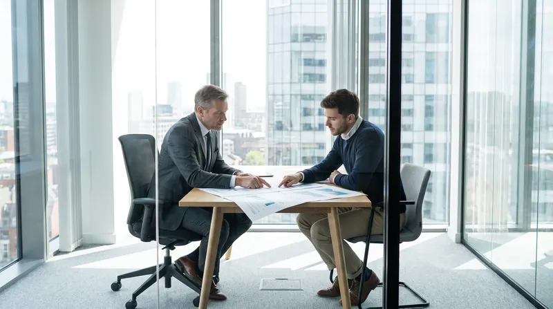 Two corporate professionals sitting across a desk in a modern glass office reviewing a document.