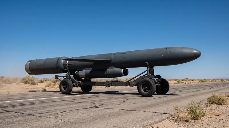 A ground-launched cruise missile on a tricycle undercarriage resting on a desert runway.