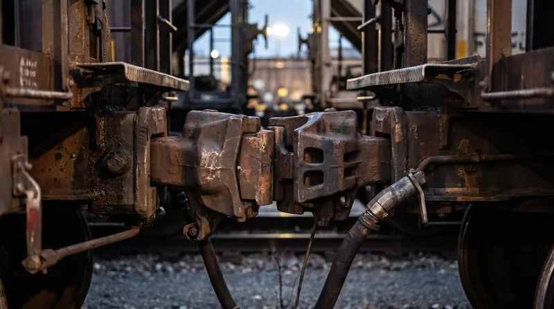 Close-up view of two heavy steel train couplers interlocked, showing a slight gap between the metal knuckles.