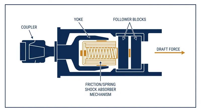 The draft gear sits behind the coupler, acting as a massive shock absorber to manage kinetic energy.