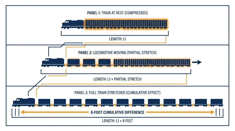 A standard 100-car train will stretch over eight feet from a dead stop before the final car begins to move.