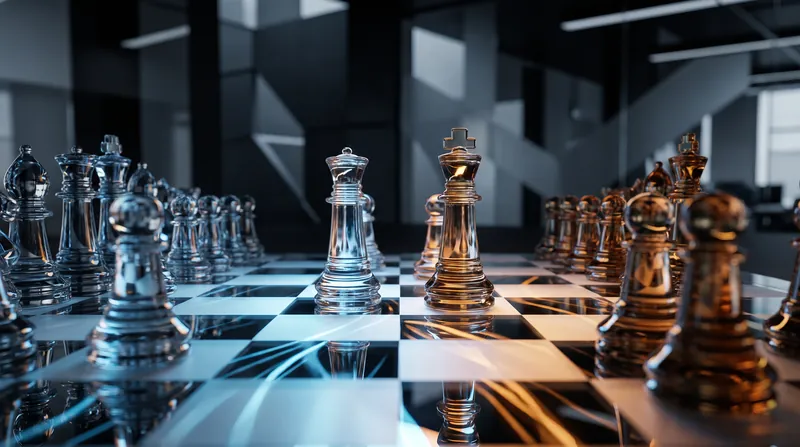 A glass chessboard illuminated by blue and amber light, representing complex strategic decision making.