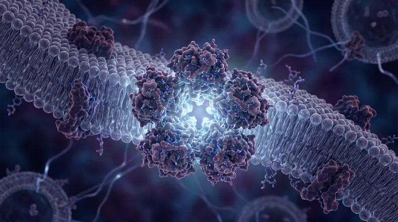 A glowing molecular model of a GABA-A receptor embedded in a cell membrane, showing its central pore.