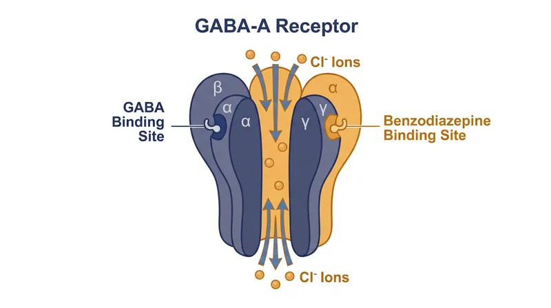Benzodiazepines bind to a distinct allosteric site separate from the primary GABA binding pocket.