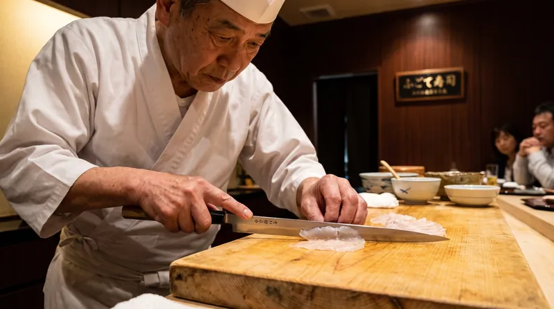 A Japanese sushi chef carefully slicing translucent fugu sashimi on a wooden cutting board.