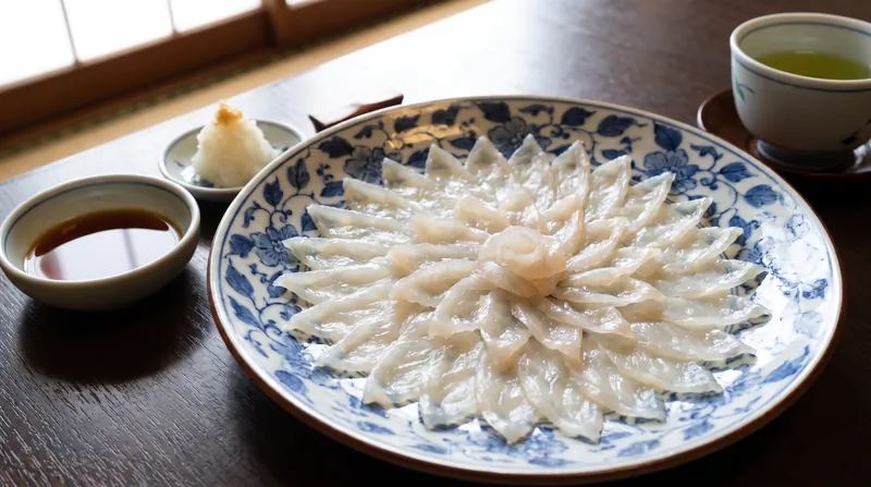 Fugu sashimi is traditionally sliced thin enough to see the pattern of the plate beneath it.